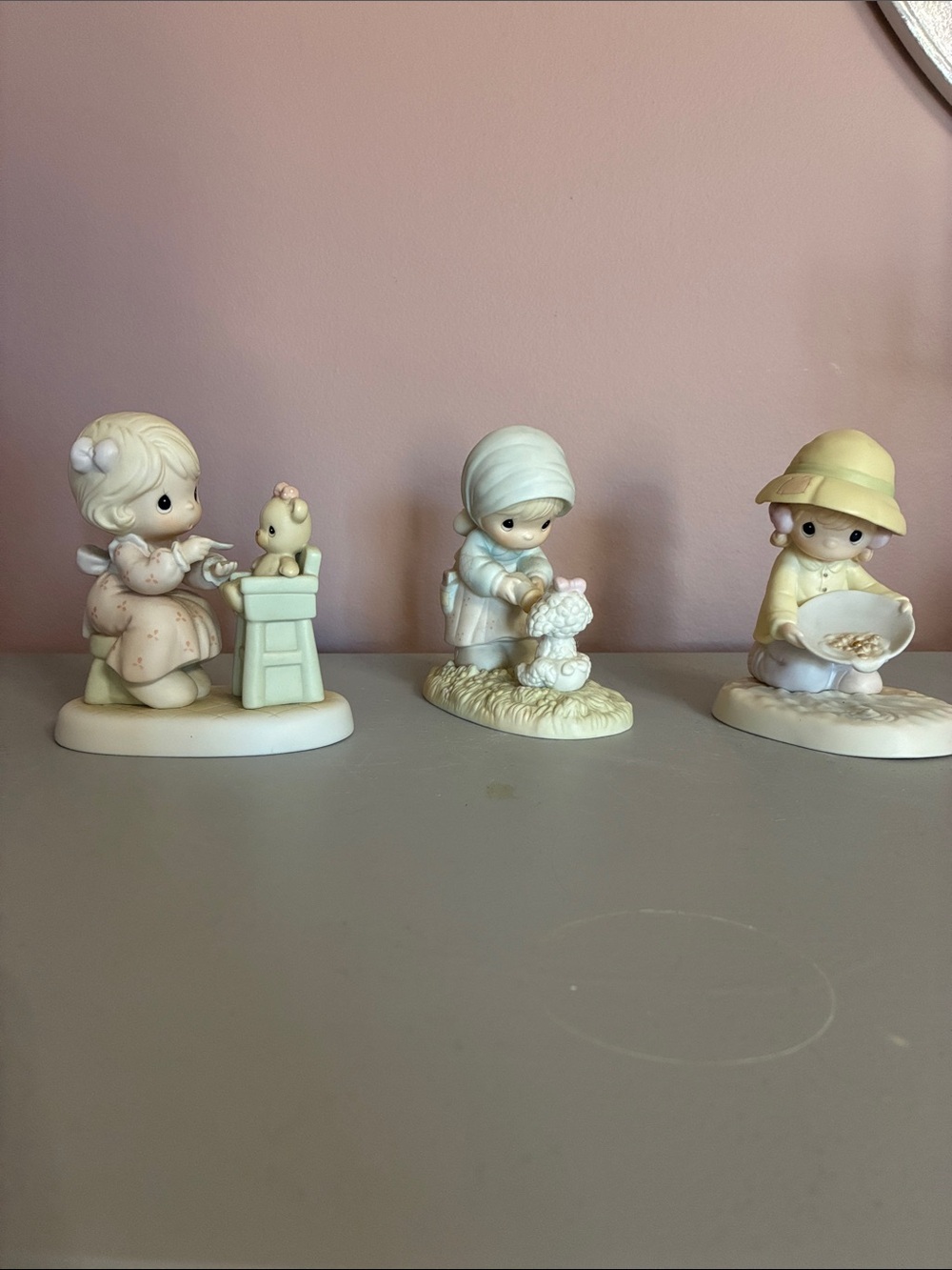 Precious Moments Trio Figurines in Cream, Soft Pink & Pale Yellow